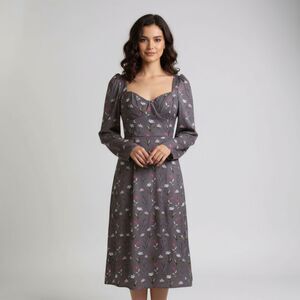 Floral Midi Dress Long Sleeve Sweetheart Neck Fit & Flare Fall Cottagecore